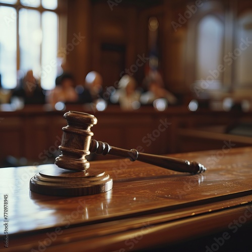 Wooden gavel in a courtroom