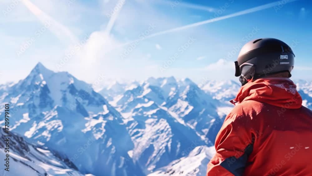 Man skier in red jacket standing at the peak of snowy mountain, clear blue sky. Alpine ski downhill resort. Winter season vacation . Skiing or snowboarding extreme sport activity concept.