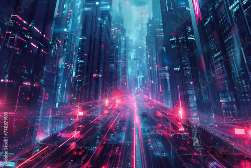 A cityscape with a red and blue sky