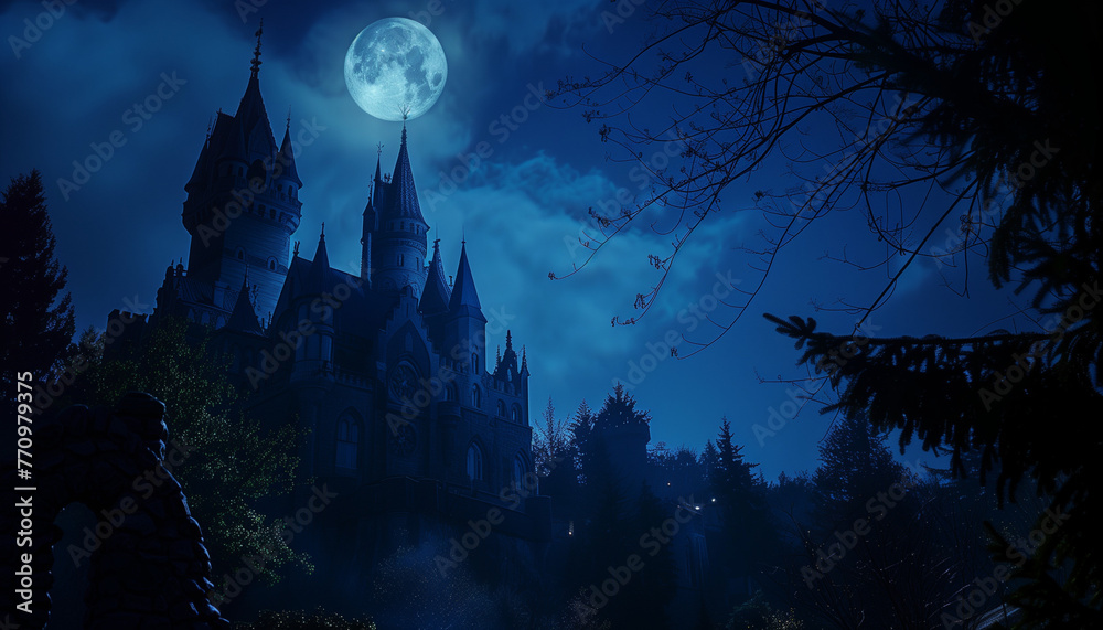 Mysterious gloomy castle in a dark forest, shrouded in smoke and clouds, at night under a full moon, blue hue - obrazy, fototapety, plakaty 