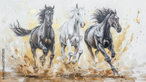 Majestic  Horses Charging in Dusty Elegance Oil Painting Digital Art Acryl and Oil Wallpaper Background © Korea Saii