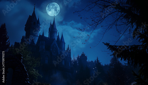 Mysterious gloomy castle in a dark forest, shrouded in smoke and clouds, at night under a full moon, blue hue