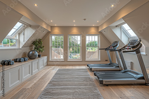 Gym in the attic of an English country house with three windows  yoga mat on the floor and two treadmills. Created with Ai