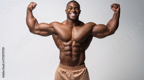 Athletic black man flexing his muscles over grey background