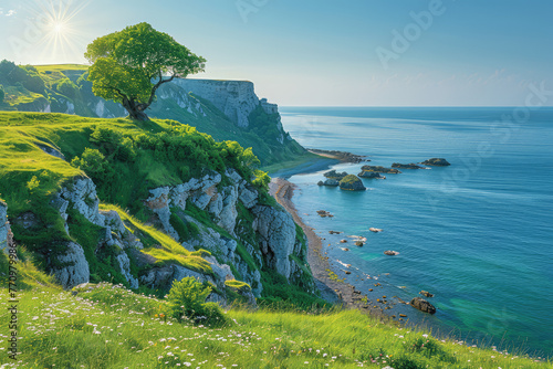 A breathtaking view of the cliffs and beach at Manehuah, Northern Ireland, with lush green grass on top of rugged cliffs overlooking an azure sea under bright sunshine. Created with Ai © Visual