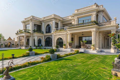 Contemporary luxury residence exterior with a fresh green lawn, detailed landscaping, and a decorative pathway to the ornate entrance. © Imama Hashim