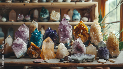 
Crystals altar idea. Creating sacred meditaion space with good vibes for home, Crystals, minerals and gemstones displayed on a table, concept of raw, lifestyle