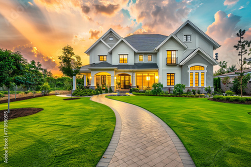 Dazzling new luxury home with a verdant lawn, pathway leading to a magnificently designed front porch, in golden hour lighting.