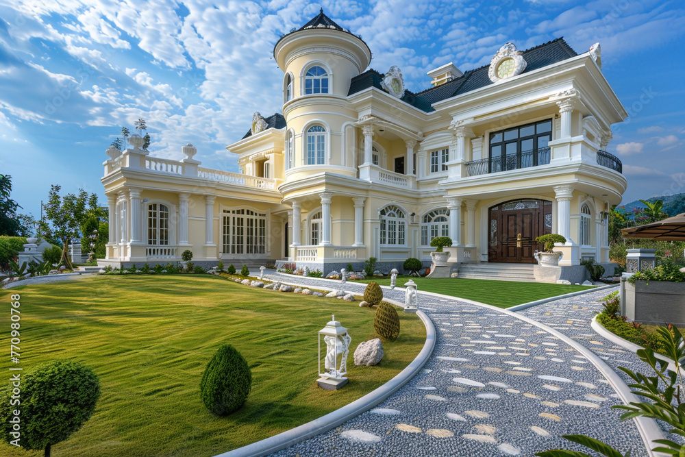 Exquisite Cream-Colored Luxury Home with a Beautiful Lawn and a Pebble Walkway to a Richly Detailed Entrance Porch