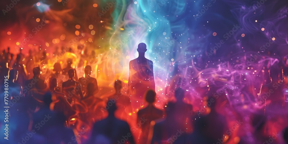 Blurred figure surrounded by colorful aura in a crowd depicting meditation and esoteric energy. Concept Meditation, Esoteric Energy, Blurred Figure, Colorful Aura, Crowded Scene