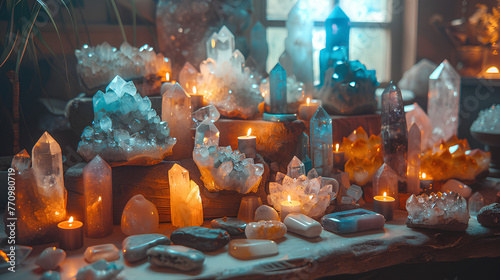 
Crystals altar idea. Creating sacred meditaion space with good vibes for home, Crystals, minerals and gemstones displayed on a table, concept of raw, lifestyle photo