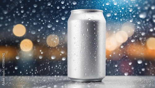 White aluminum can mockup with drops. Beer or soda drink package. Refreshing beverage. Bokeh lights