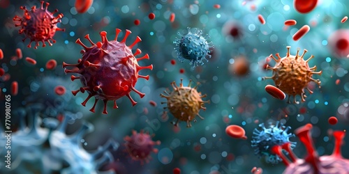 Microscopic view of floating viruses illustrating immunotherapys use of the immune system to fight diseases like cancer. Concept Microscopic Imaging, Viruses, Immunotherapy, Immune System photo