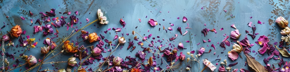 leaves dry flowers of herbal tea background. - obrazy, fototapety, plakaty 