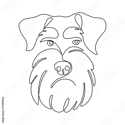 One continuous line drawing schnauzer vector Image. Single line minimal style dog breed portrait. Cute puppy black linear sketch isolated on white background. Graphic drawing.