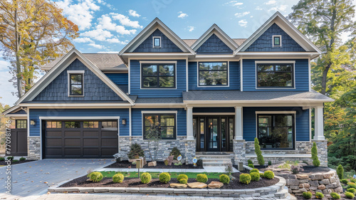 High-end new construction home with a modern flair, featuring radiant sapphire blue siding and complemented by natural stone wall trim, designed without a garage for a clean aesthetic.