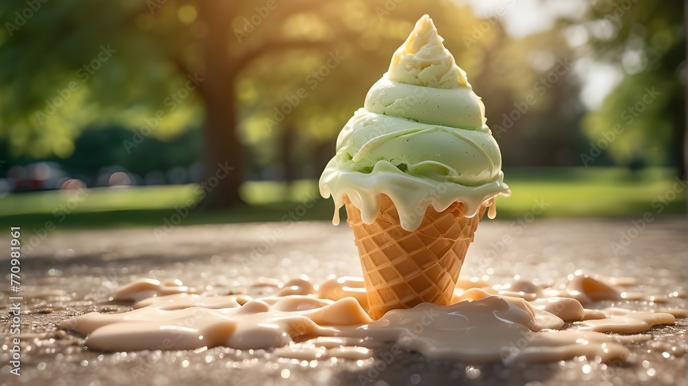 "An ice cream cone is shown melting under the hot sun in a park. The scene captures the cone starting to drip as the ice cream slowly liquefies, leaving trails of melted cream down the sides. The envi - obrazy, fototapety, plakaty 
