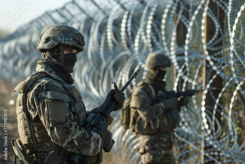 Two soldiers stand behind a barbed wire fence, one holding a rifle