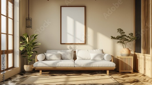 Beige living room interior with sofa and white wall mock up, 3d render © Katsiaryna