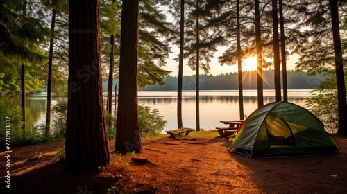 Peaceful Retreat Camping Tent Pine Trees and Tranquil Lake