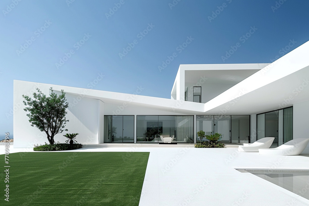 Pristine white architecture with an infinity lawn under a clear azure sky, capturing the essence of modern luxury and open space.