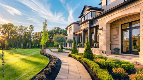 Radiant facade of a grand luxury home with a neatly landscaped lawn, decorative pathway leading to a stylish porch, in the afternoon sun. © Imama Hashim