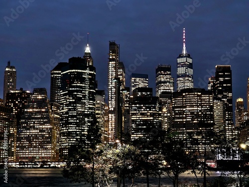 New York panorama at night from Brooklyn to Manhattan across the Hudson River 