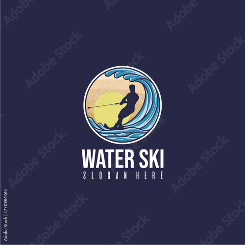 Silhouette Sport Man enjoying water skiing in sea or ocean on a circle, logo vector image.