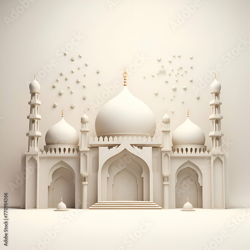 3d illustration of white marble mosque on a white background. The concept of Ramadan Kareem
