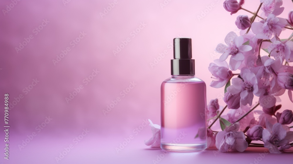 A commercial photo of the serum and an interesting decor on a light purple background A commercial photo of the serum and an interesting decor on a light purple background