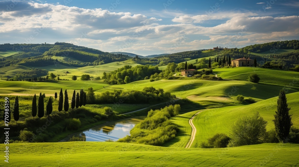 Serene Tuscany Landscape A Lush Green Meadow