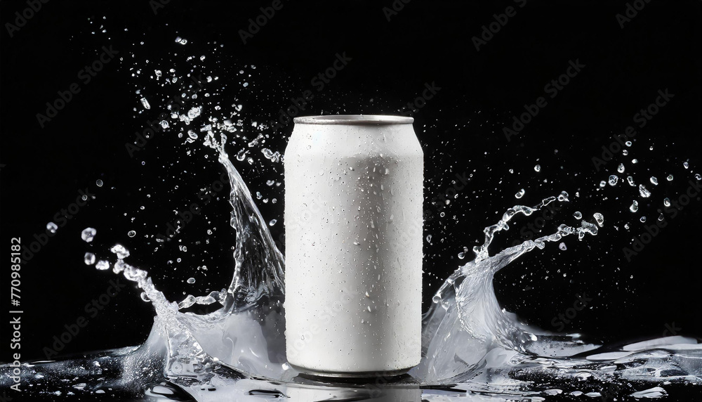 White aluminum can mockup with dynamic water splash. Drink package. Refreshing beverage. Black background.