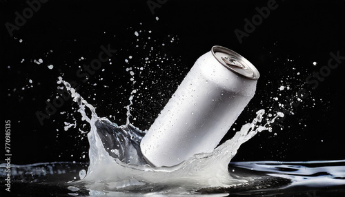 White aluminum can mockup with dynamic water splash. Drink package. Refreshing beverage. Black background.