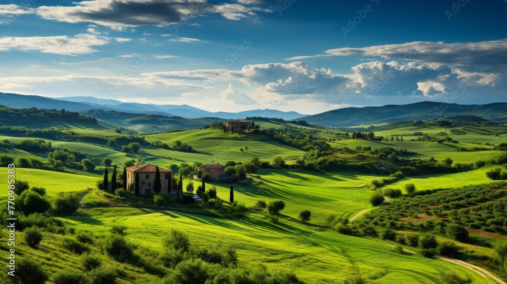 Serene Tuscany Landscape A Lush Green Meadow