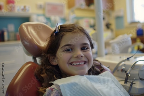 A little girl sitting in a dentist chair smiling at the camera. Generative AI.