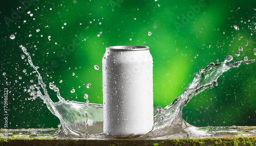 White aluminum can mockup with dynamic water splash. Drink package. Refreshing beverage. Green background.