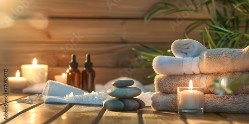 Creating a Relaxing Spa Atmosphere with Towels, Candles, Essential Oils, and Massage Stones on a Wooden Background. Concept Spa Photography, Relaxation Vibes, Wellness Essentials, Wooden Elements
