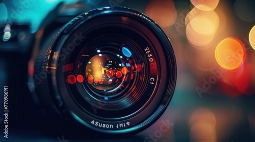 A striking image of a camera lens capturing reflections