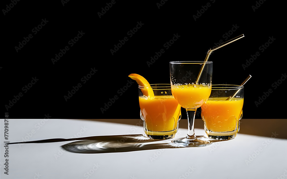 Fototapeta premium Glasses of orange juice on black background with copy space
