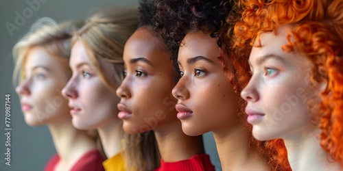 Diverse group of women with different skin tones and hair types standing together for Womens Day. Concept Women's Day Celebration, Diversity in Beauty, Empowered Women, Inclusive Representation