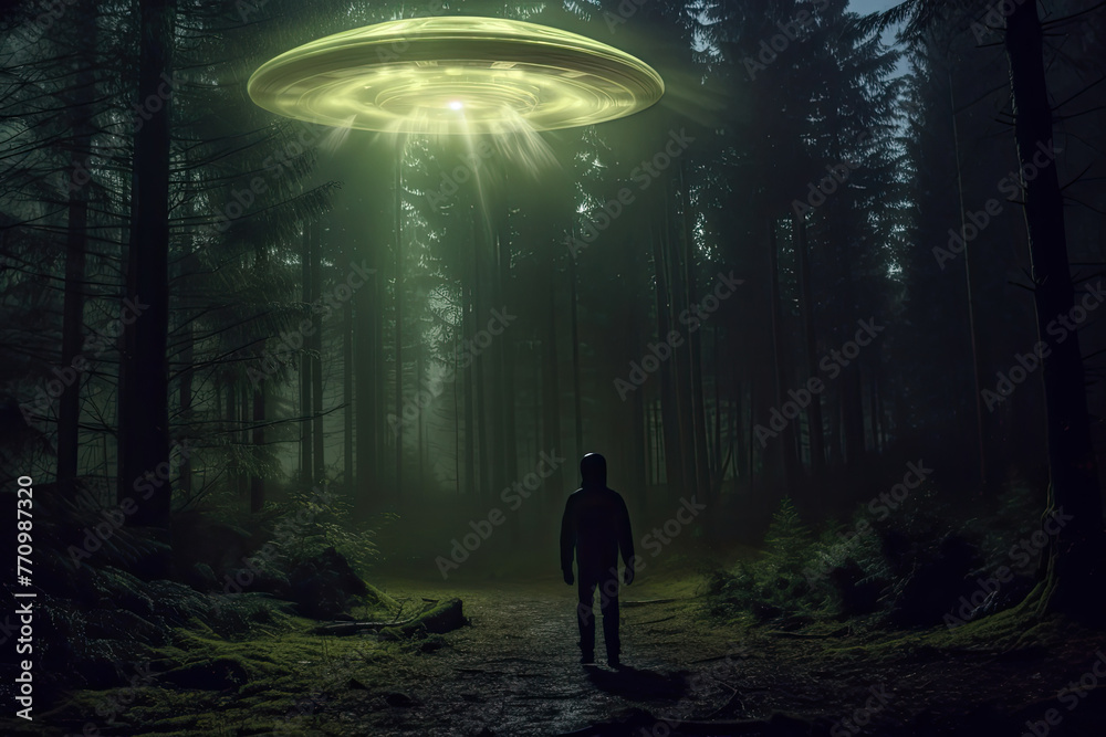 A lone person stands facing a hovering UFO amidst a dimly lit, mist-covered forest, suggesting a close encounter of the unknown kind A lone person stands facing a hovering UFO amidst a dimly lit, mist-covered forest, suggesting a close encounter of the unknown kind