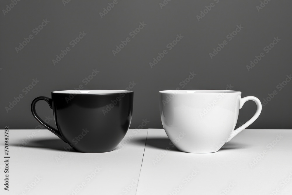 Two coffee cups, one white and one black, against a white background. Place for text Two coffee cups, one white and one black, against a white background. Place for text