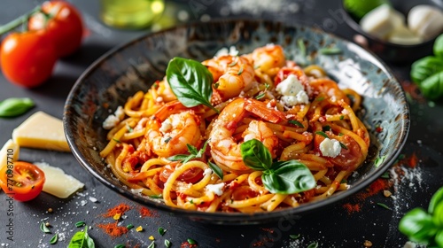Pasta with shrimp in tomato and garlic sauce, decorated with basil leaves, small balls of white mozzarella cheese, cherry tomatoes, parmesan cheese