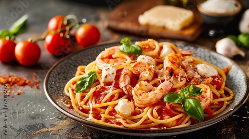 Pasta with shrimp in tomato and garlic sauce, decorated with basil leaves, small balls of white mozzarella cheese, cherry tomatoes, parmesan cheese