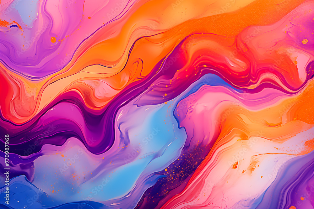 Vibrant and abstract background featuring fluid art. Trendy neon gradient in orange with a marble effect in purple, orange and blue. A stylish backdrop for websites, postcards, and notebooks.