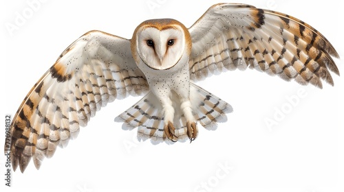 The barn owl, Tyto alba, photographed against a white background when she was 4 months old