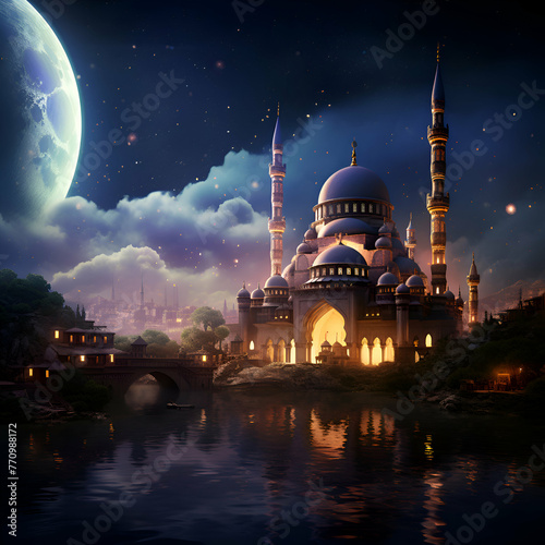Mosque on the bank of the river against the background of the moon photo