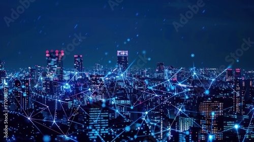 A modern city skyline illuminated by the glow of wireless network connections