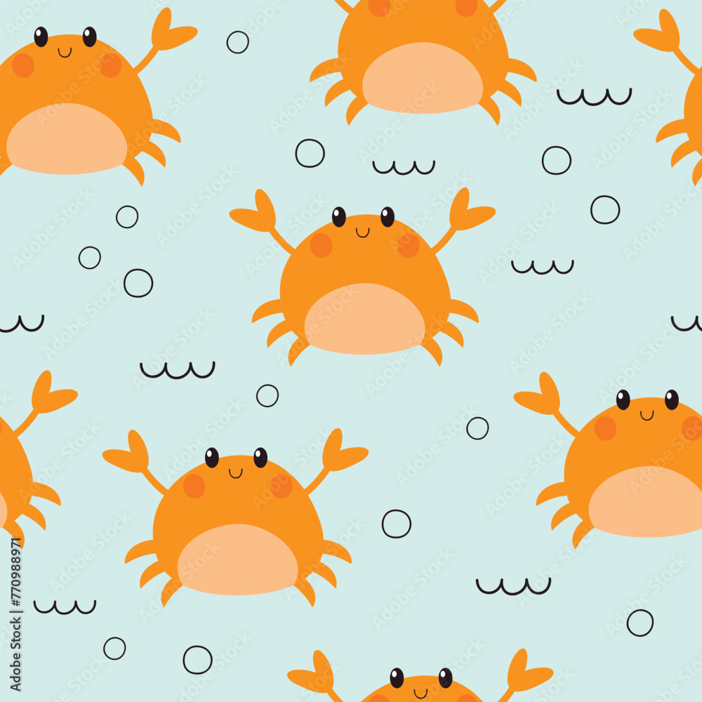 Seamless pattern with cute crab. Summer marine texture. Vector illustration. - obrazy, fototapety, plakaty 