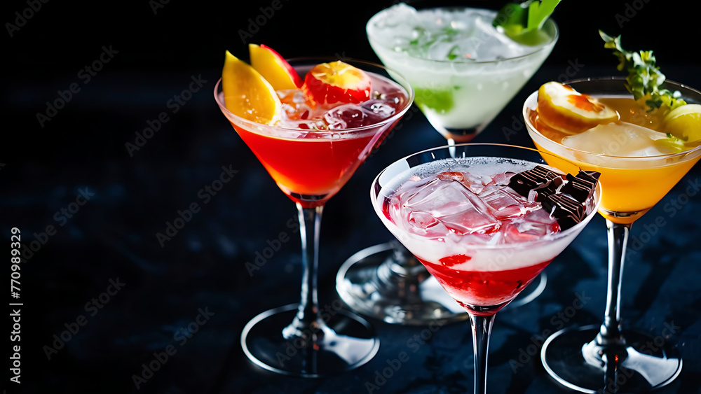 Cocktails in martini glasses with fruits and chocolate on dark background